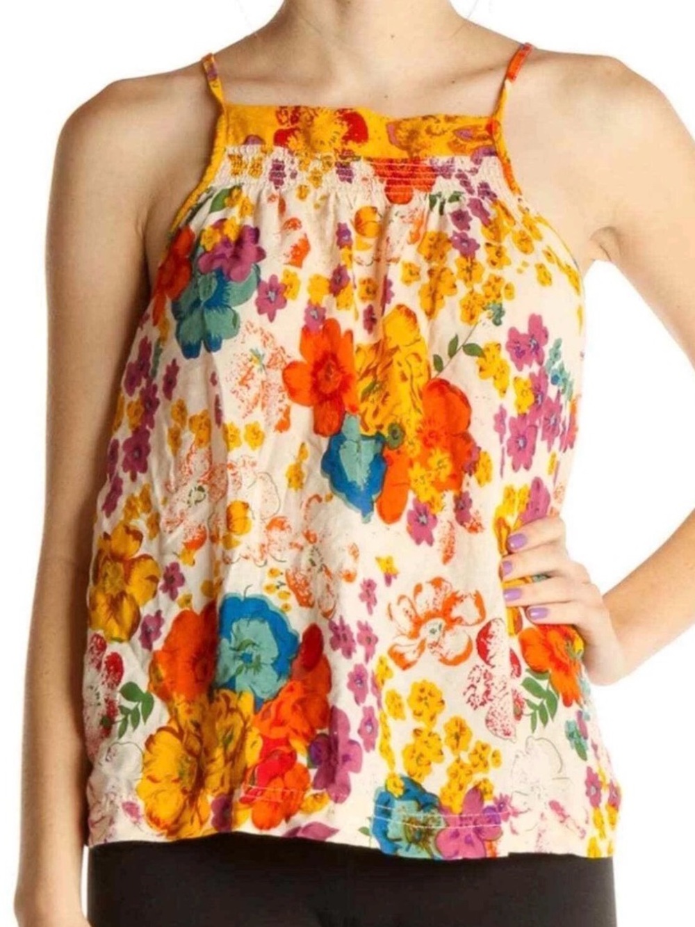Anthropologie White Floral Smocked Halter Tank with Orange, Pink & Blue Blooms